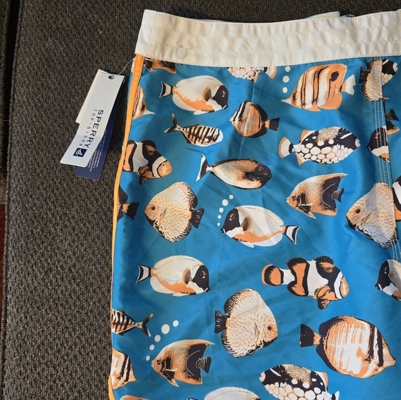 Sperry Top Sider Board Swim Trunks Men 38 Blue Orange Fish Graphic New - Picture 11 of 16
